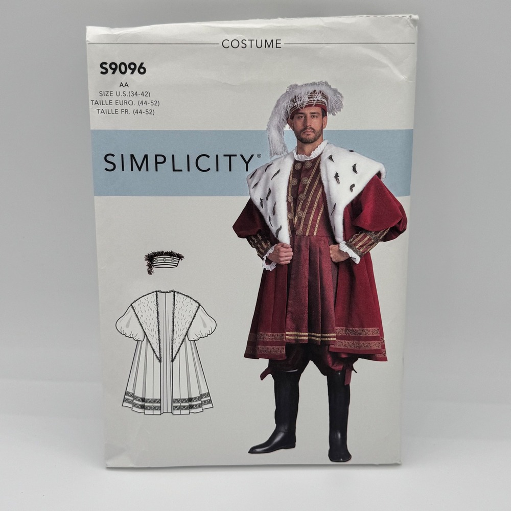 Simplicity S9096 Mens Royal Renaissance Costume Sewing Pattern Coat Hat 34-42